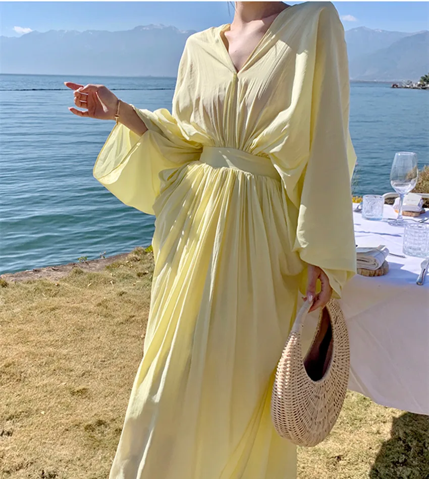 JSXDHK Fashion Design Summer Boho Holiday Style Dress Chic Women V Neck Batwing Sleeve Yellow Backless Sexy Beach Long Vestidos