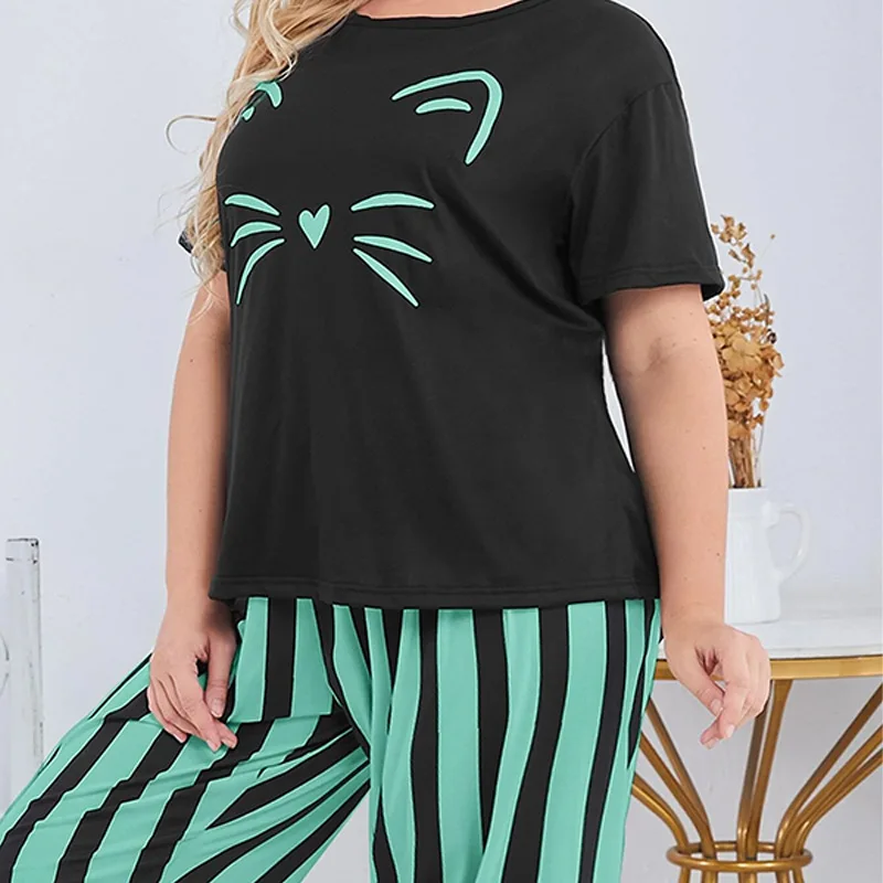 Plus Size Women\'s Pajamas Set Stripe Print Smooth Soft Summer Short Sleeves Sleepwear Long Btoom Nightwear Clothes 3XL 4XL 5XL