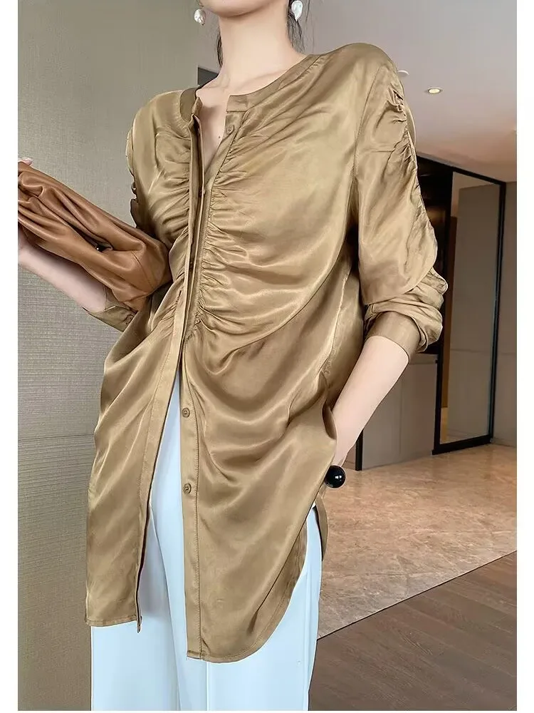 

Autumn Fashion Satin Silver Blouse Women 2024 New Causal Chic Tops Korean Fashion Long Sleeve Turn-down Collar Shirts