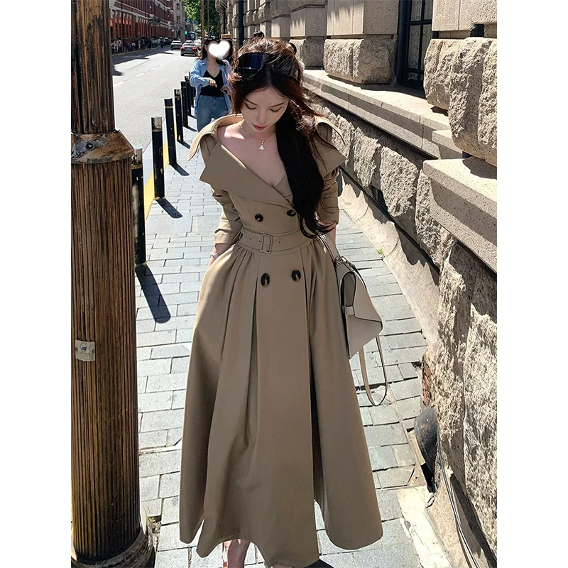 

Long Trench Coat Women Streetwear Belt Sexy Off Shoulder Jackets Korean Double Breasted Outerwears Fall Winter Fashion Overcoat