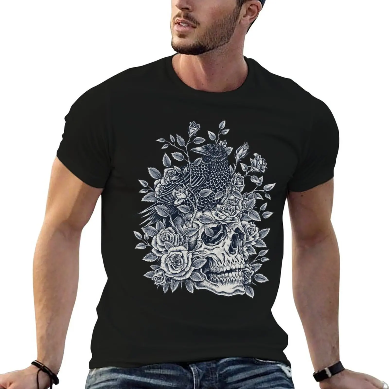 Monochrome Floral Skull T-Shirt cheap stuff cotton graphic tees men clothes