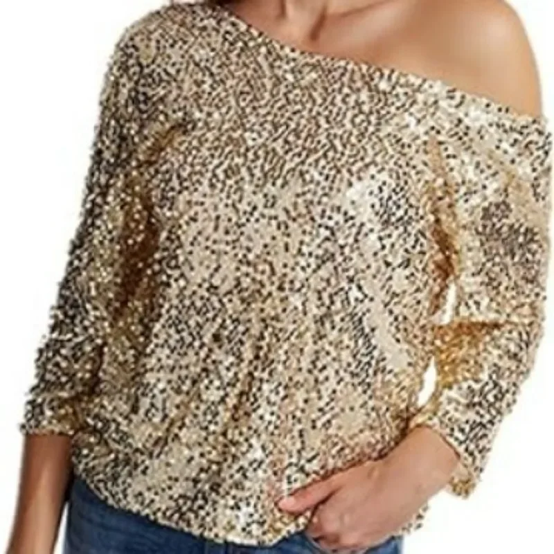 Elegant Street New Loose Sequins Shoulder Short Sleeve Casual Sequin Deep V Shirt