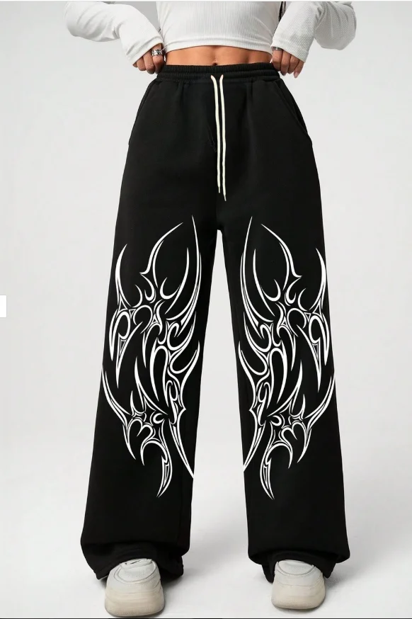 Black Contrasting Flame Totem High Street Style Pull Full Size Loose Wide Leg Unisex Casual Sports Adults Kids Pants