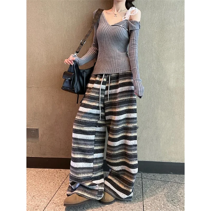

Striped Thickened Wool Wide - Leg Pants for Women New Autumn/Winter Style Retro Fashion Casual Loose Straight - Leg Pants