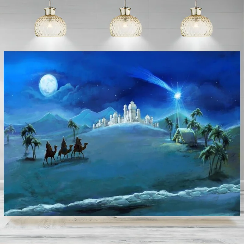 Christmas Background Holy Family Three Kings Photography Backdrop Xmas Moon Night Fairy Tale Holiday Epiphany New Year Banner