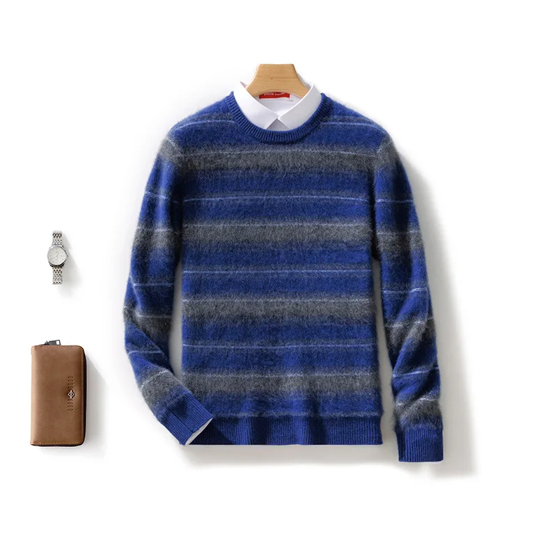 Autumn Winter 100% Merino Wool Men's O-Neck Striped Sweater Pullover Cashmere Long Sleeves Casual Color-Blocked Clothing Top