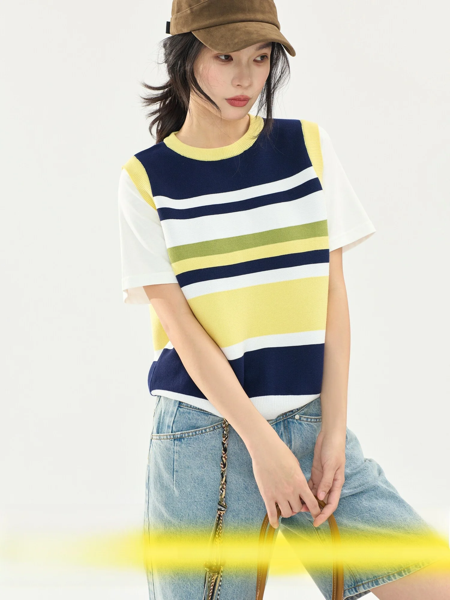 

Color Block Stripe Knitted Short Sleeve T-Shirt Women's Loose Casual Versatile Top Trendy Polyester Blend round Neck Short Le...