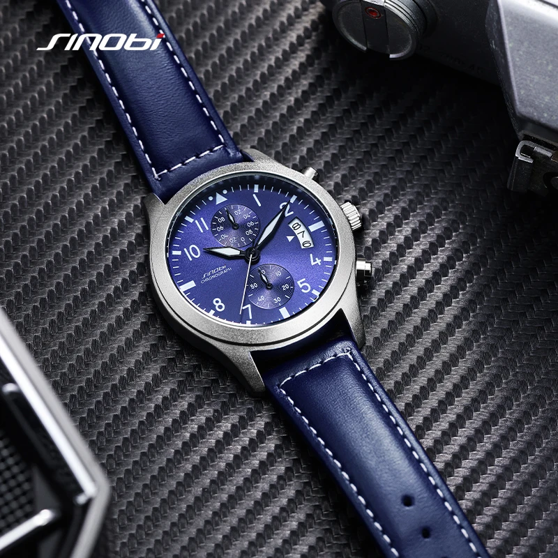 SINOBI Casual Design Men\'s Watches Fashion Leather Strap Man\'s Quartz Wristwatches Top Luxury Chronograph Male Gifts Clock