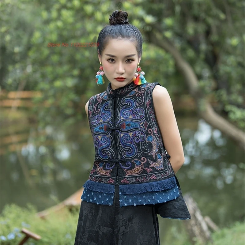 2025 chinese vintage vest national flower embroidery folk vest ethnic waistcoat hanfu tops sleeveless jacket stand collar vest