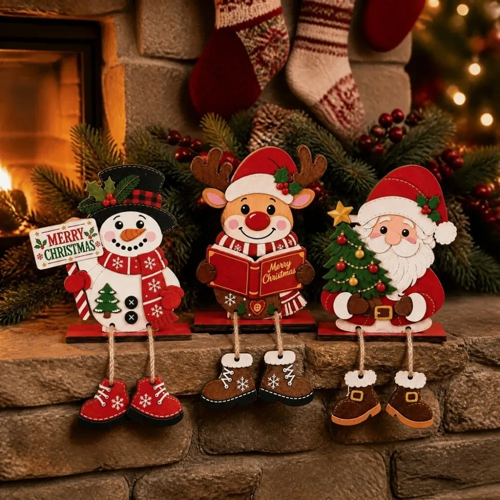 Self Standing Santa Claus Tree Ornament 2D Flat Vintage Dangling Leg Snowman Figurine Cartoon Stable Base