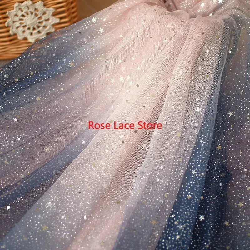 5 colors Glitter star moon Gradient lace fabric dark blue sequin star soft tulle for Bridal Wedding dress 59" width 1 yard