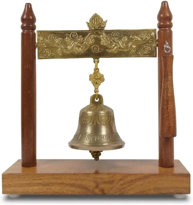 Wooden Frame Brass Meditation Bell Relief Crossbar, Handcrafted Tabletop Temple Desk Bell with Wooden Clapper for Feng Shui, Mindfulness, Office and Home Décor