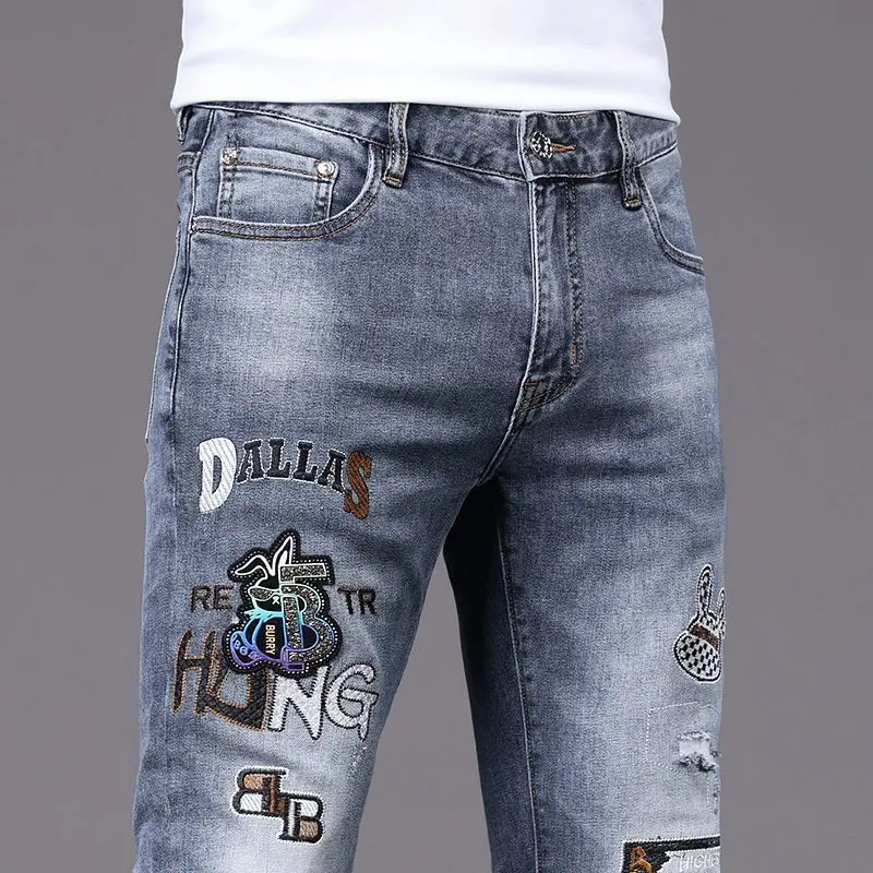 2024 Spring Autumn New High-end Embroidered Ripped Jeans Men's Fashion Slim Stretch Skinny Pants Casual Cowboy Denim Trousers