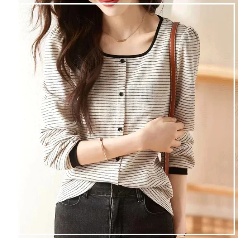 French Stripes 2024 Spring and Autumn New Patchwork Button Loose Square Neck Fashion Casual Elegant Long Sleeved Knitted Tops