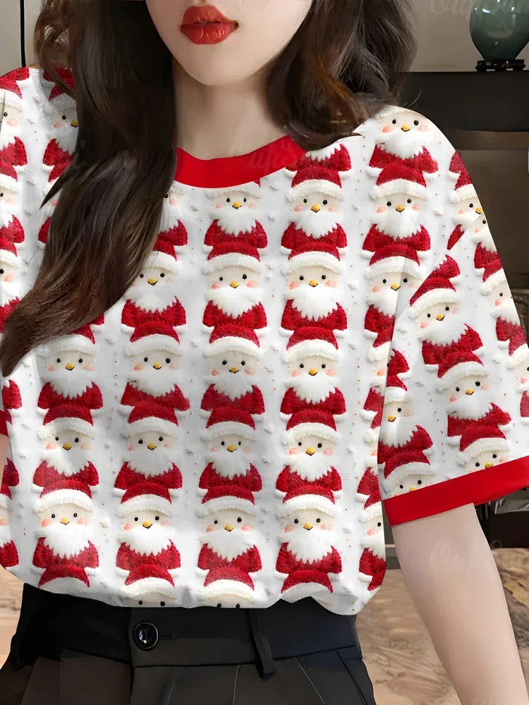 Cseta Fena de Verão com Estampa 3D de Papai Noel para o loween, Manga Curta, Gola Redonda, Poliéster, Ajuste Regula...