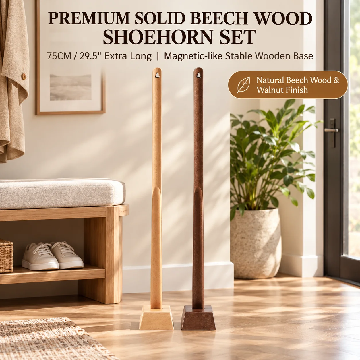 75cm Beech Wood Long Shoe Horn with Solid Wood Base,No Bend Shoe Helper, Movable Hallway Shoe Puller for Seniors & Pregnant
