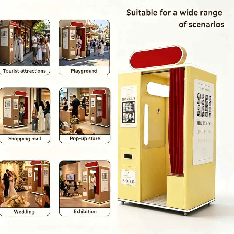Selfie Station Photo Booth Retro Smart Automatic Self-service Business Booth Photo with Camera Wi-Fi/Bluetooth Instant Print