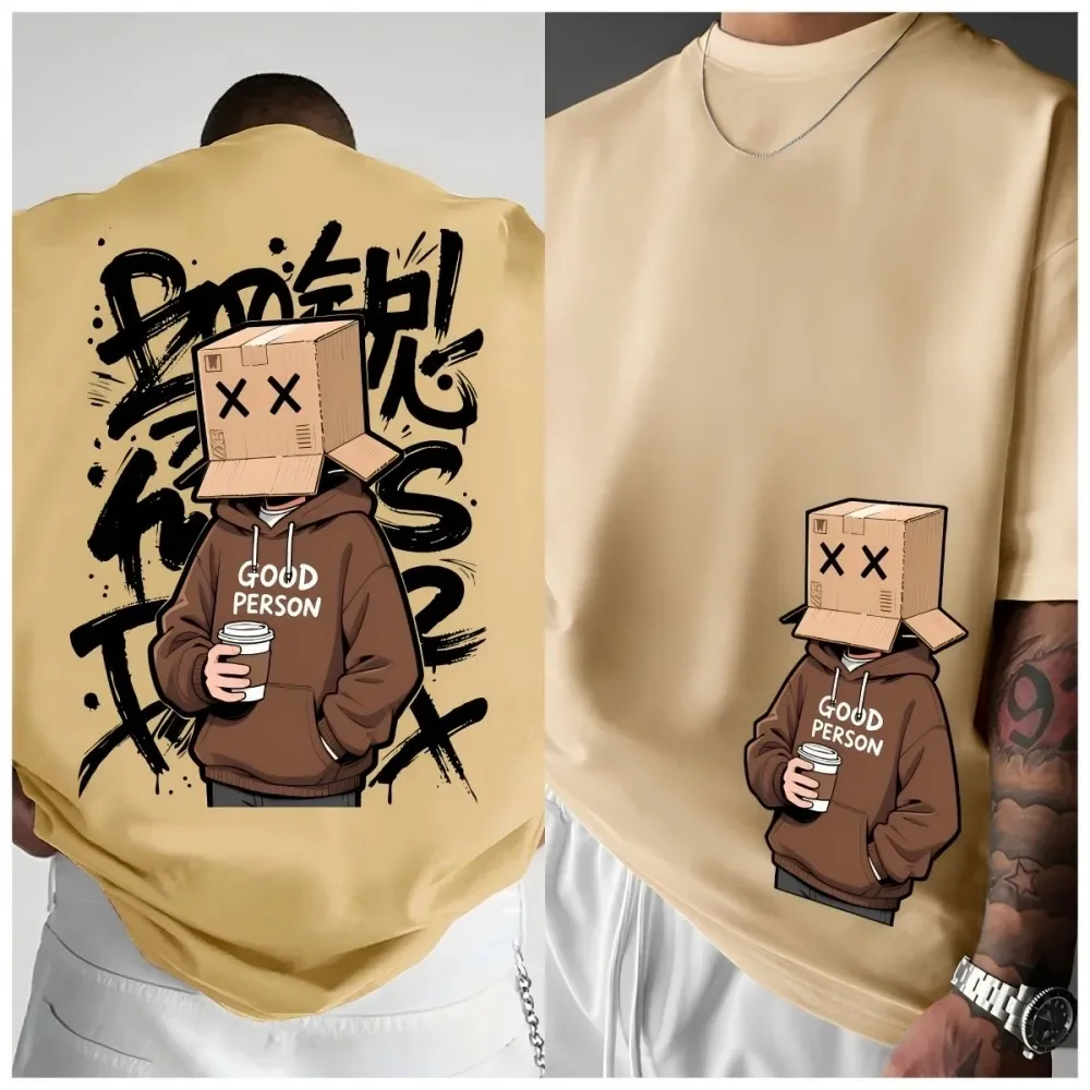 Box Head Figure with Coffee Graffiti Graphic Tee for Men Breathable 100% Cotton Perfect for Summer Streetwear Trendy Urban Style