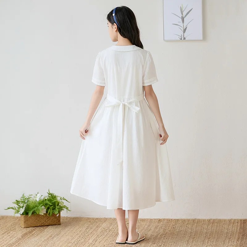 Girls Peter Pan Collar White Cotton Midi Dress Button Front Short Sleeve A Line Casual School Summer Wedding Kids Daily Sundress
