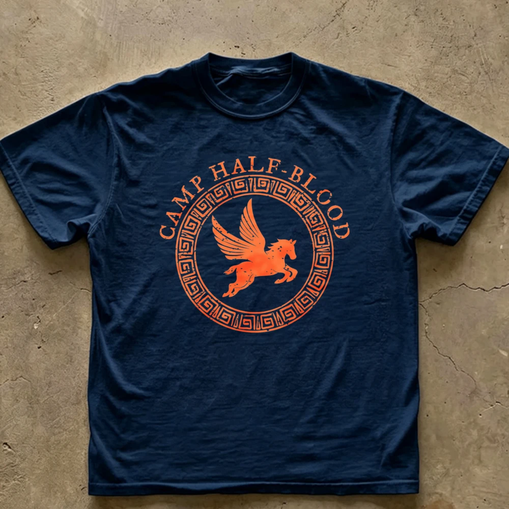 Camp Half‑Blood Pegasus Circular Emblem T‑Shirt Casual Cotton Percy Jackson Greek Mythology Distressed Orange Print Ancient Tees
