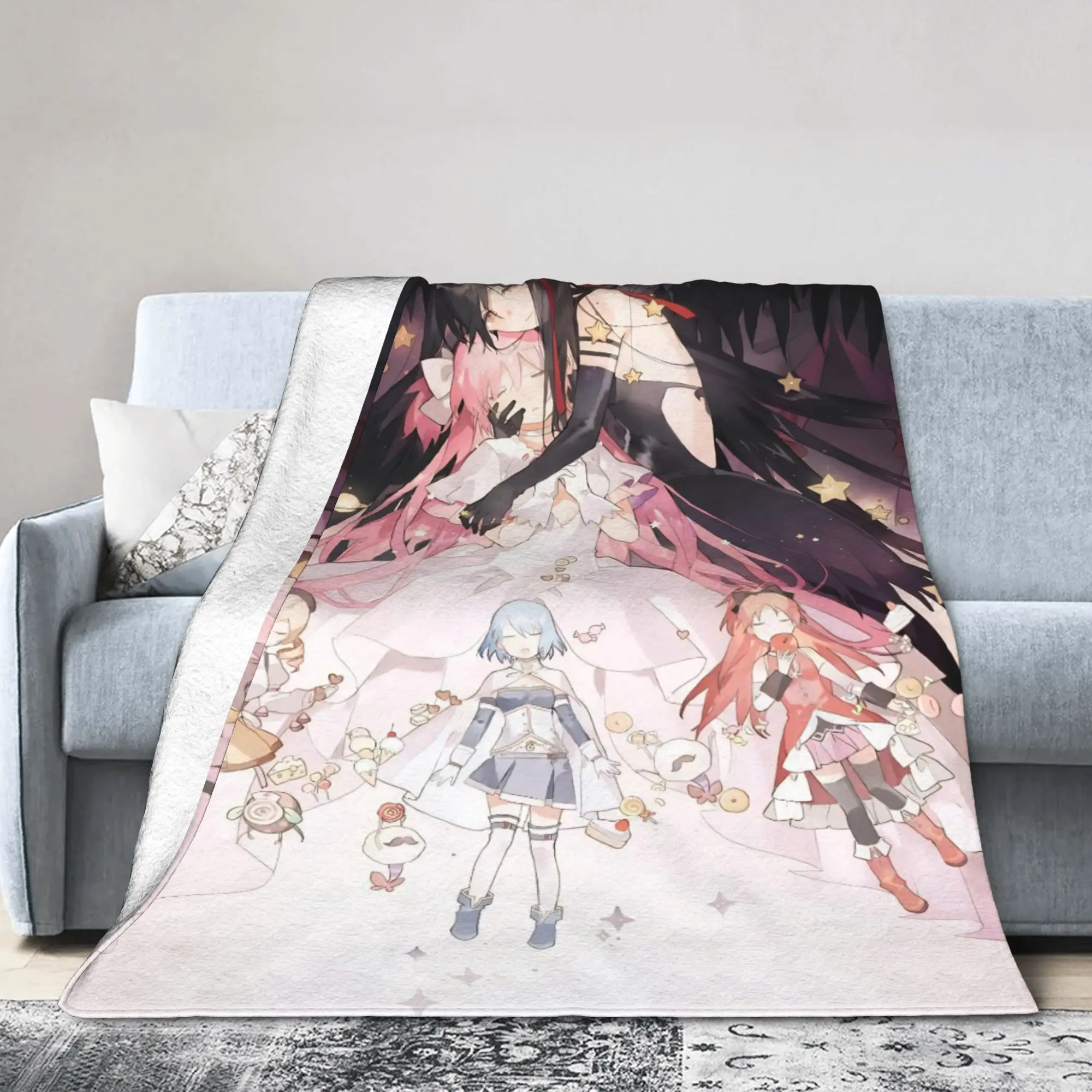 Anime Puella Magi Madoka Magica Flannel Blanket Comic Novelty Throw Blanket for Home 150*125cm Bedspread