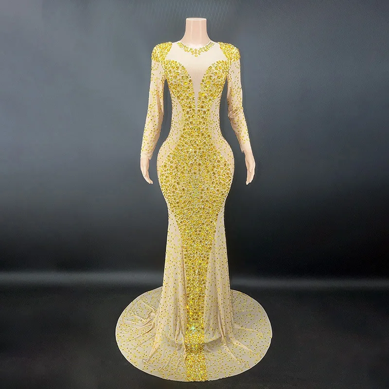 

Birthday Diamond Long Long Sleeve Luxury Dress Shiny Gold Party Women's Abendkleider Damen Elegant Vestidos De Fiesta Graduación