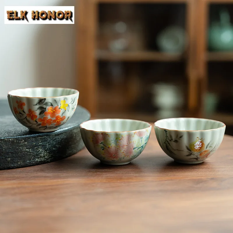 70ml Ru Kiln Hand-painted Flowers Teacup Traditional Tea Bowl Jug Tea-tasting Fragrance Cup Jianzhan Master Cups Teaware Craft