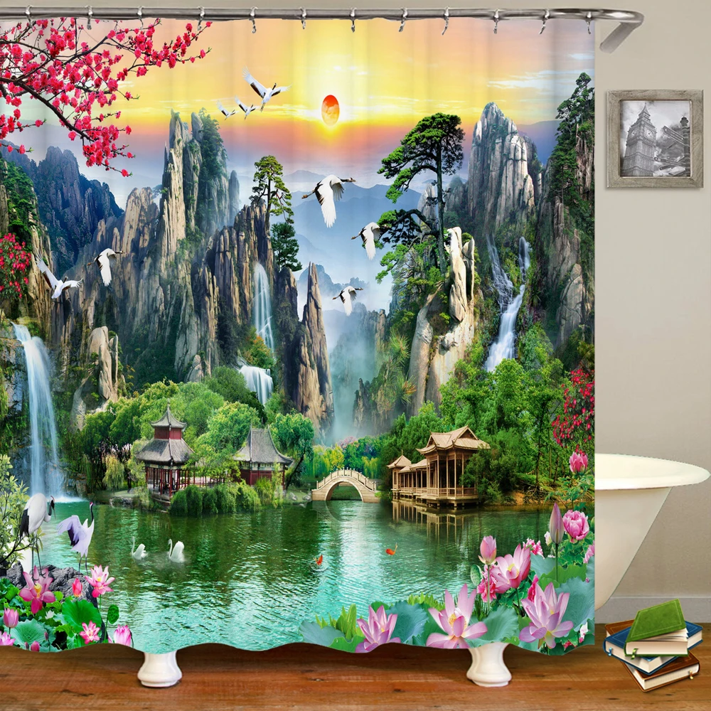 

Summer landscape Waterfall landscape Shower Curtain Natural sun landscape Bathroom Shower Curtain Fabric Bathroom Decor