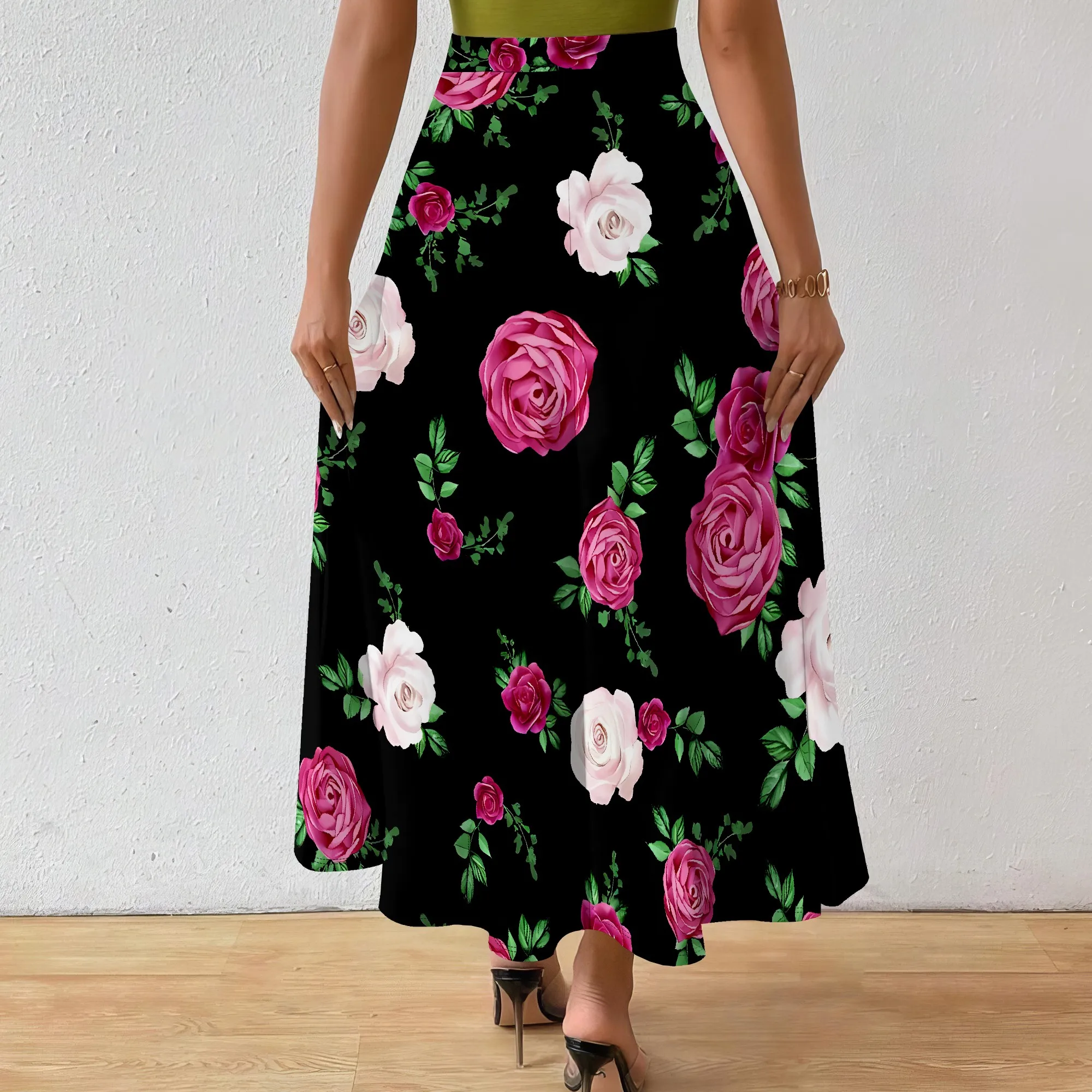 Spódnica Nupusa z nadrukiem róż dla kobiet, rozmiar regularny, letnia, codzienna spódnica midi z wysokim stanem