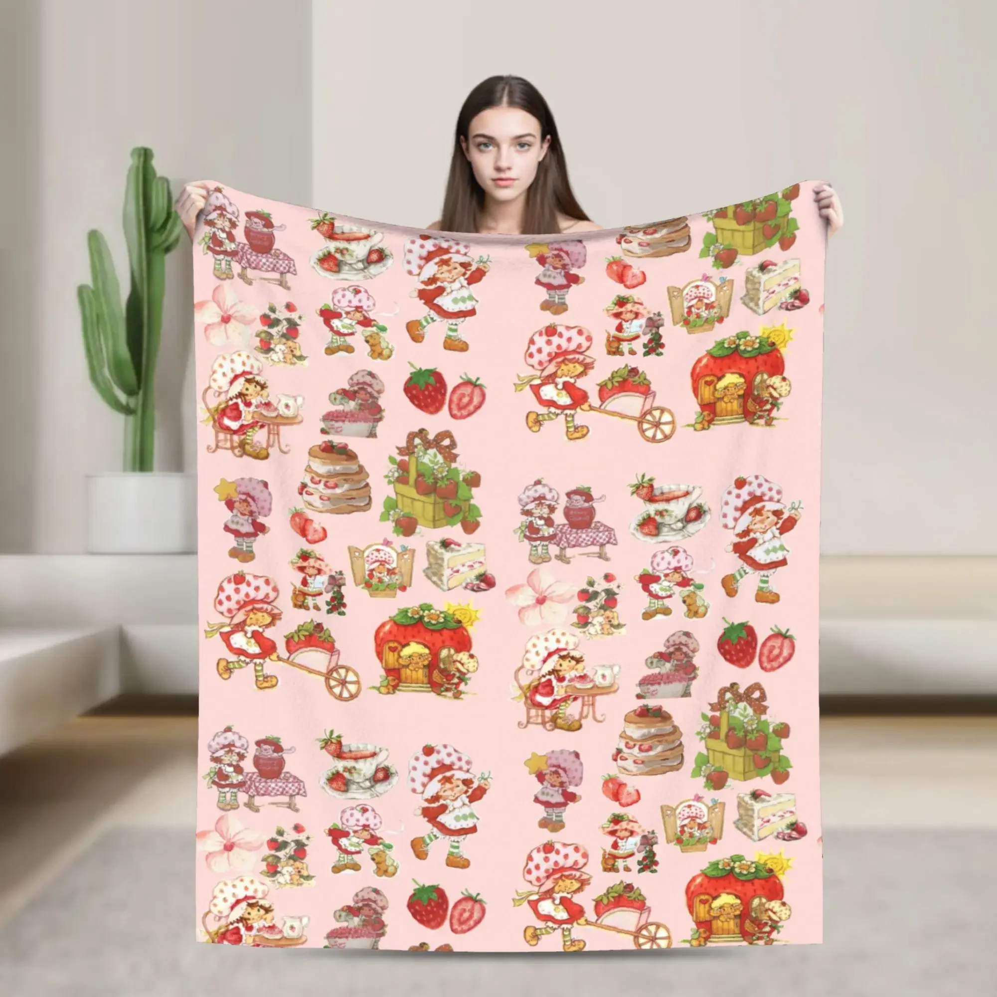 

Cute Strawberry Shortcakes Girl Blanket Warm Soft Throw for Kids Winter Bed Sofa Use Trendy Bedspread