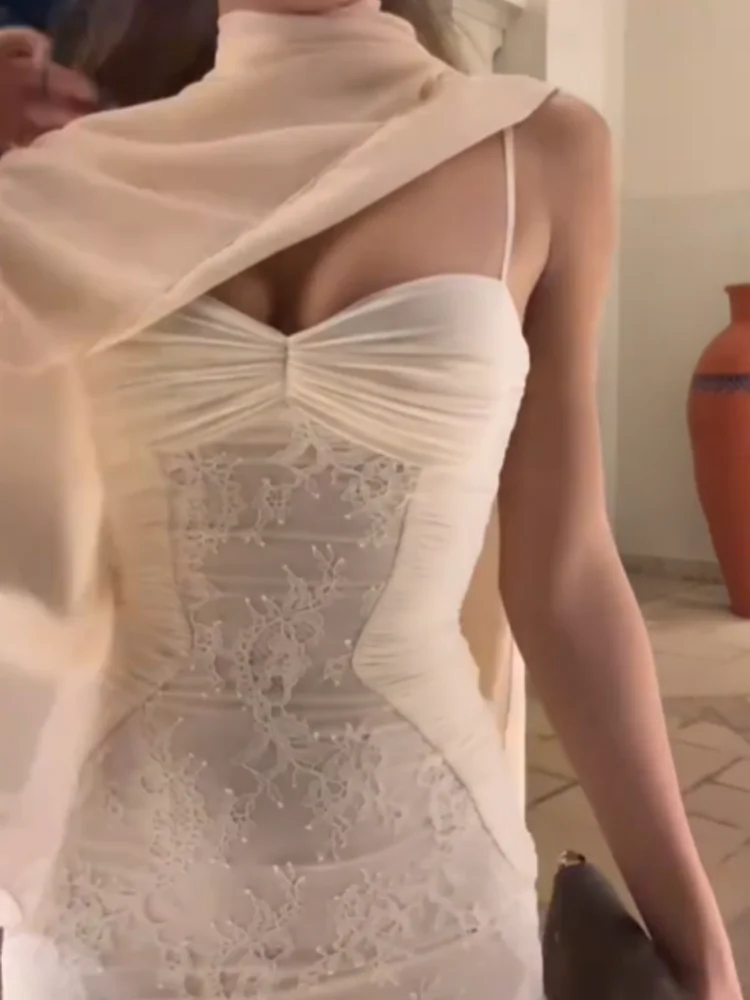 

Elegant Low Neck Maxi Dress For Women Slim Fit Pleated Hem Long Robes Party Lace Mesh Vestidos 2026 New Lady Evening Gown