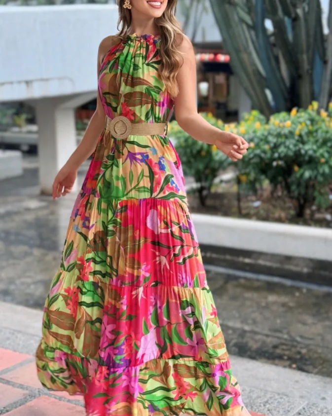 Women's Dresses Elegant Tropical Print Halter Ruched Sleeveless Maxi Dress Women High Waist Casual A Line Flowy Smock Dress