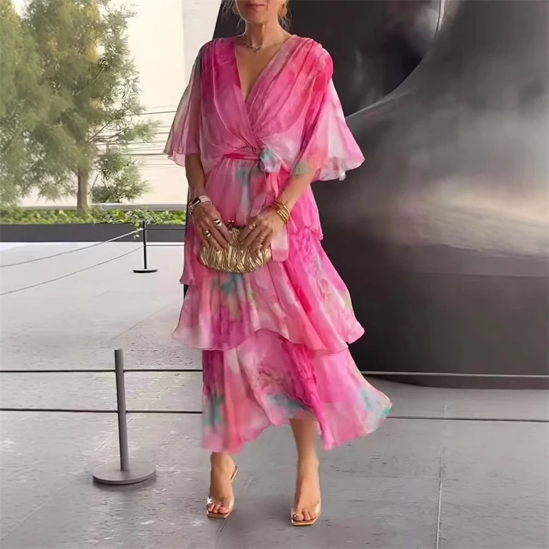 Elegant Chiffon Print Women's Long Layered Party Dress 2025 Summer Fashion Half-sleeved V-neck Lace-up Long Skirt Casual Wear