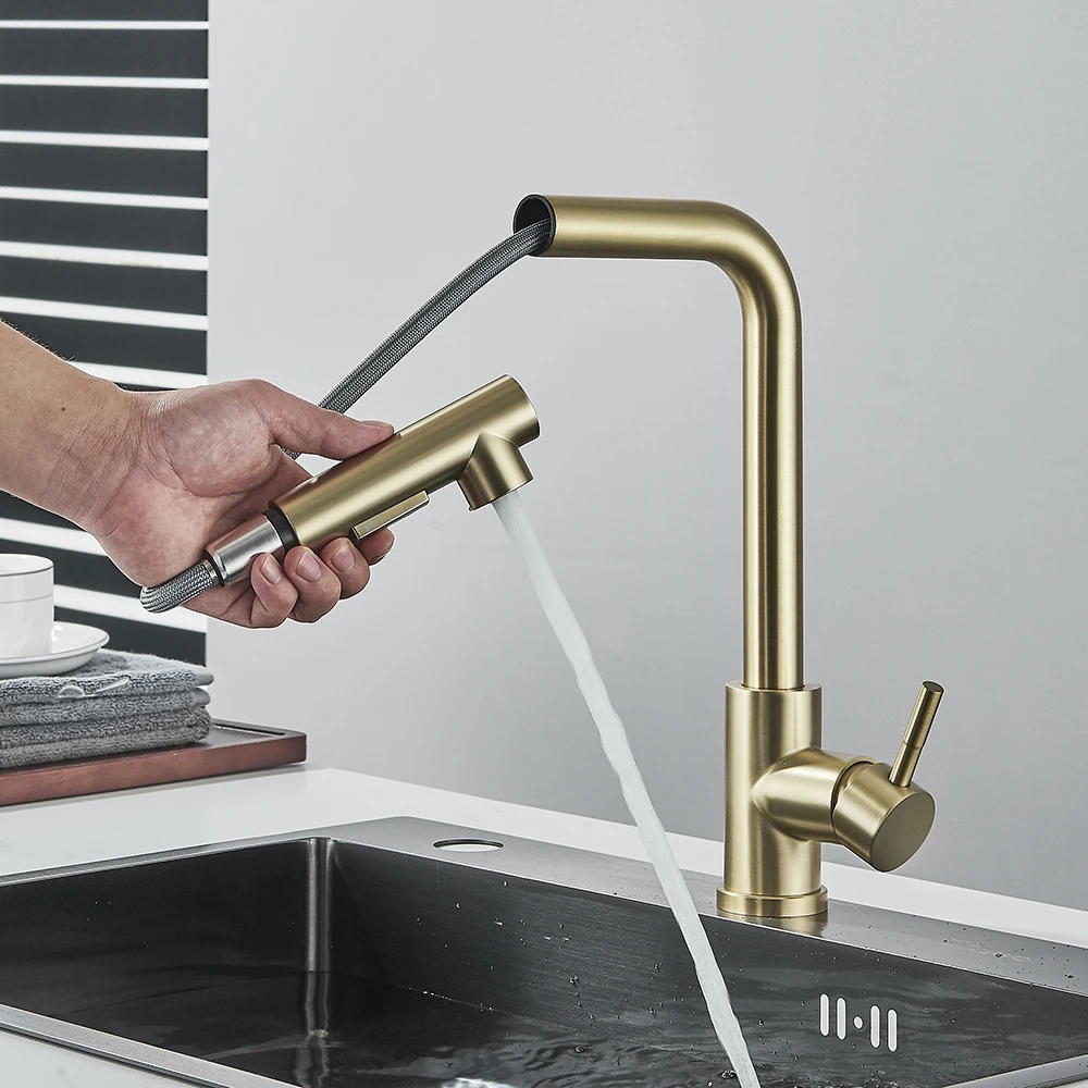 Black Pull Out Kitchen Faucet Deck Mounted Kitchen Sink Tap Single Handle Kitchen Mixers Rotating Spout Stream Spray Head