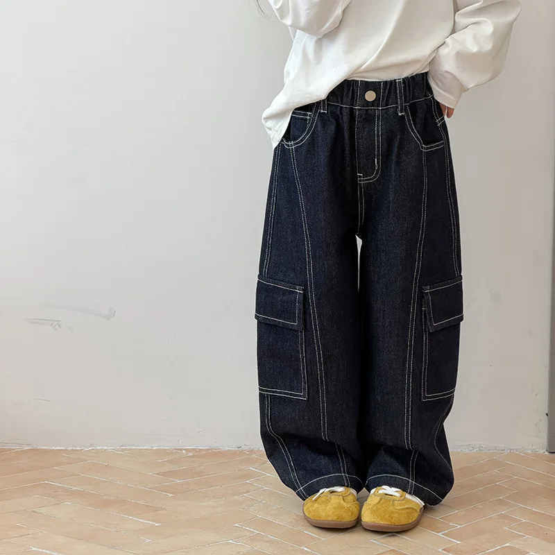 Children's Japanese Loose Casual Pants Korean Contrasting Color Bright Line Three-dimensional Pocket Workwear Jeans