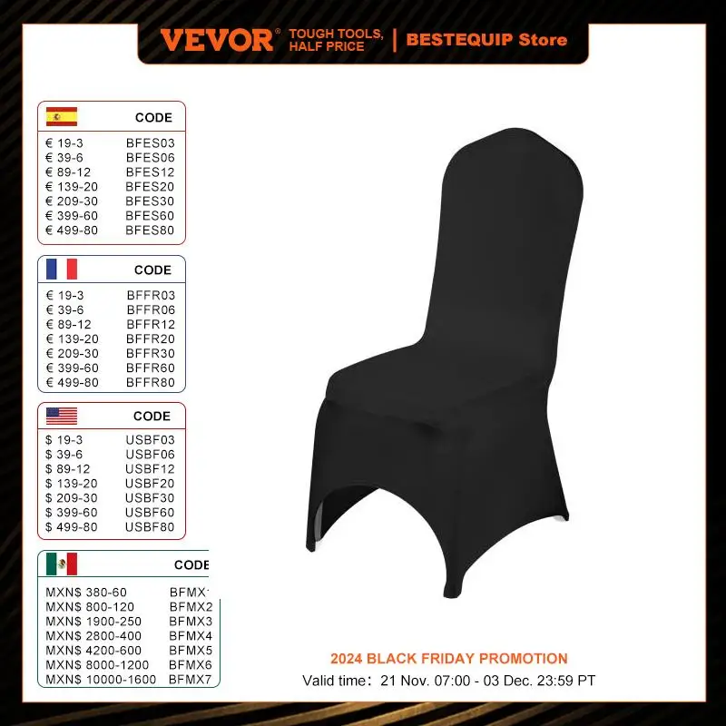 VEVOR 50 Pcs Black Chair Covers Polyester Spandex Stretch Slipcovers for Wedding Party Dining Banquet Arched-Front Chair Covers