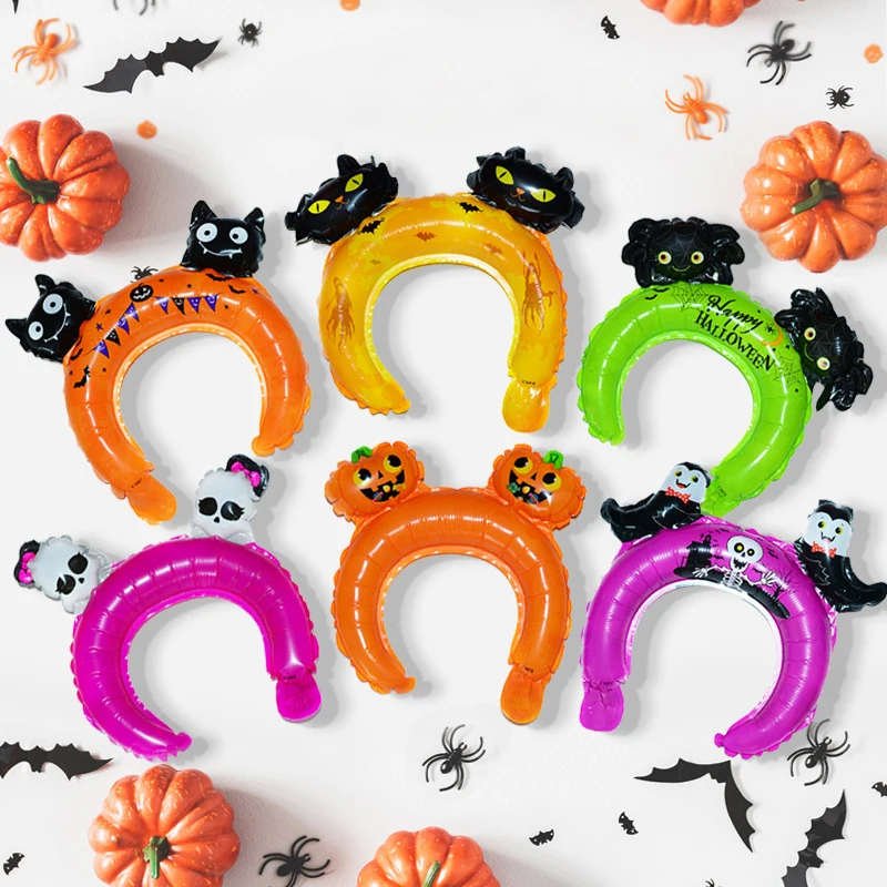 20Pcs Halloween Decor Balloons Inflatable Sticks Long Strip Black Skull Pumpkin Aluminum Film Balloon Kids Toys Party Decors