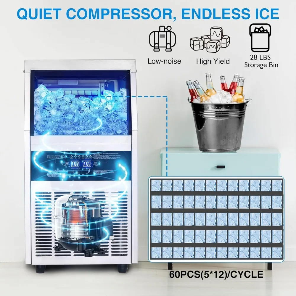 Zomagas Ice Maker, Commercial Ice Maker Machine 120-130LBS/24H with 28LBS Storage Bin, Freestanding/Under Counter