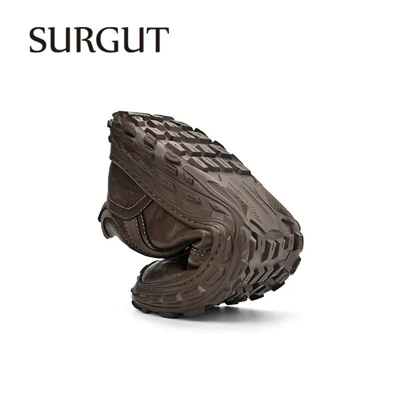 SURGUT 2026 New PU Leather Casual Shoes Men Handmade Designer Outdoor Men Shoes Vintage Male Driving Non-Slip Walking Shoes