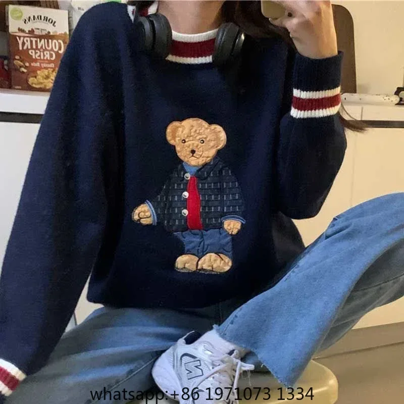 Vintage Cartoon Bear Embroidery Knitted Sweater Women Autumn Winter Harajuku Loose Pullover Korea Warm Sweet Kawaii Jumpers view 2