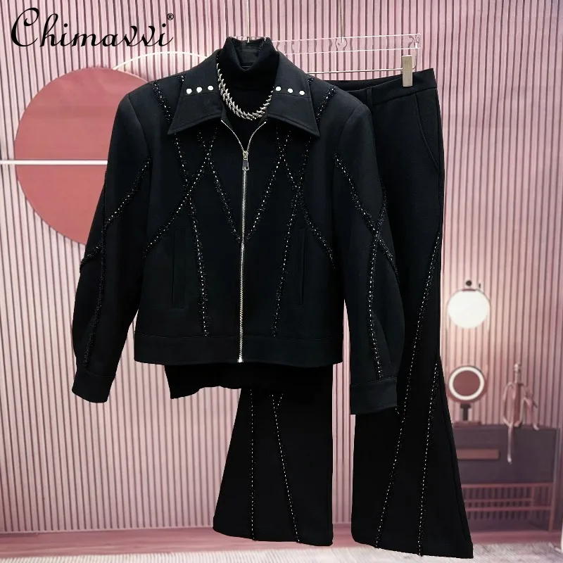 

Осенний новый корейский модный лоскутный дизайн, черные длинные брюки, комплект, тяжелая свободная куртка с лацканами, расклешенные длинные брюки, мужской комплект из двух предметов