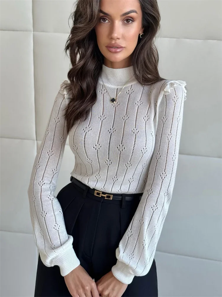 

Ruffled Knit Hollow Out Sweater Pullover Women's Slim Patchwork See-Through Long Sleeve Jumpers Top Female Pullovers 2025
