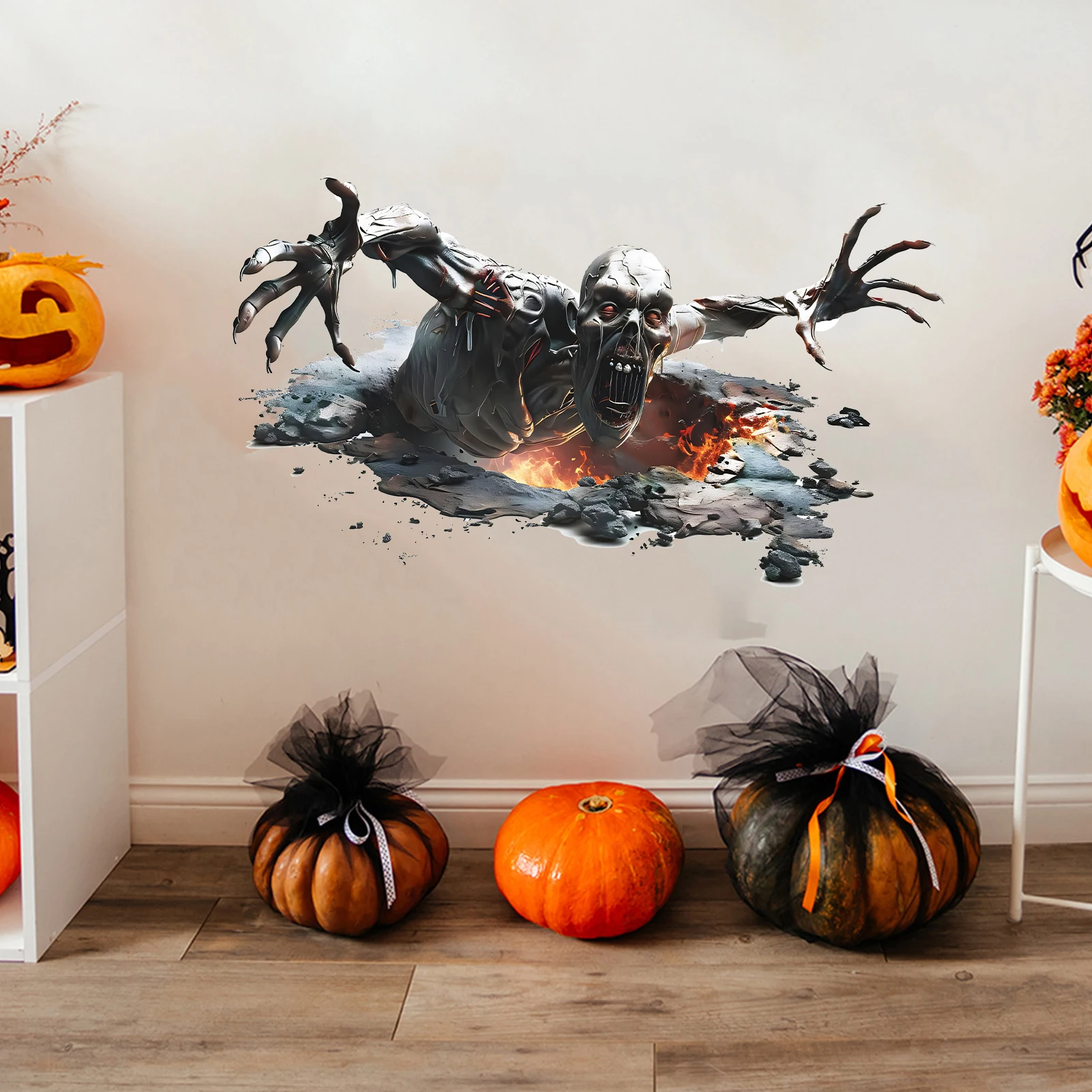 Terrifying Skeleton Zombie Wall Sticker Breaking Through Wall Horror Halloween Decor for House Bar Party Wall Background Decor