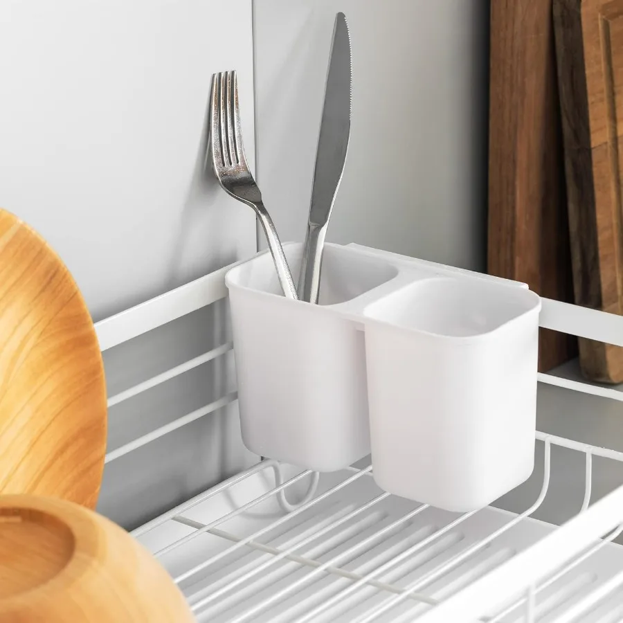 Scolapiatti - Stendino per piatti, posate, pentole e padelle per cucina - Vassoio antigoccia dal design moderno e retrò con griglia in metallo - Bianco