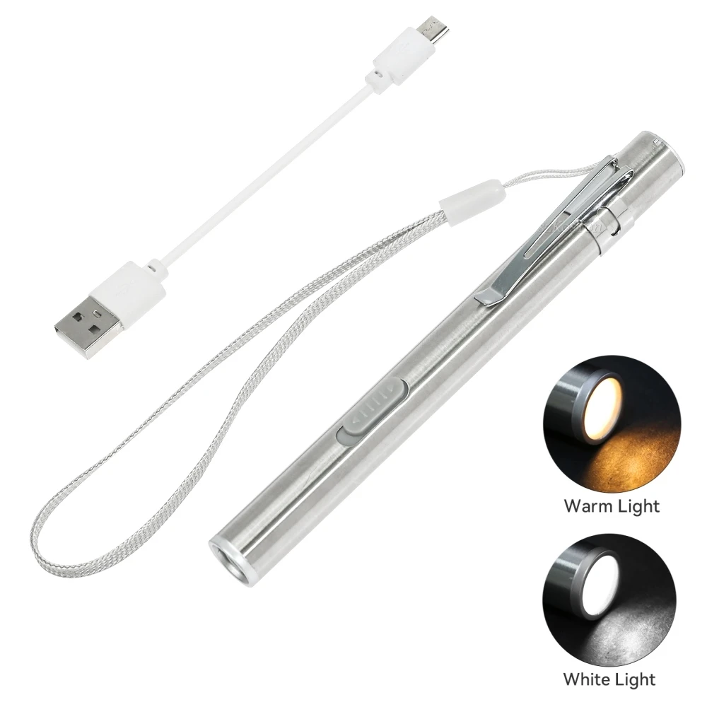 Mini Portable Medical Handy LED Pen Light Flashlight USB Rechargeable Energy-saving Dentist Nurse Torch Stainless Steel Clip