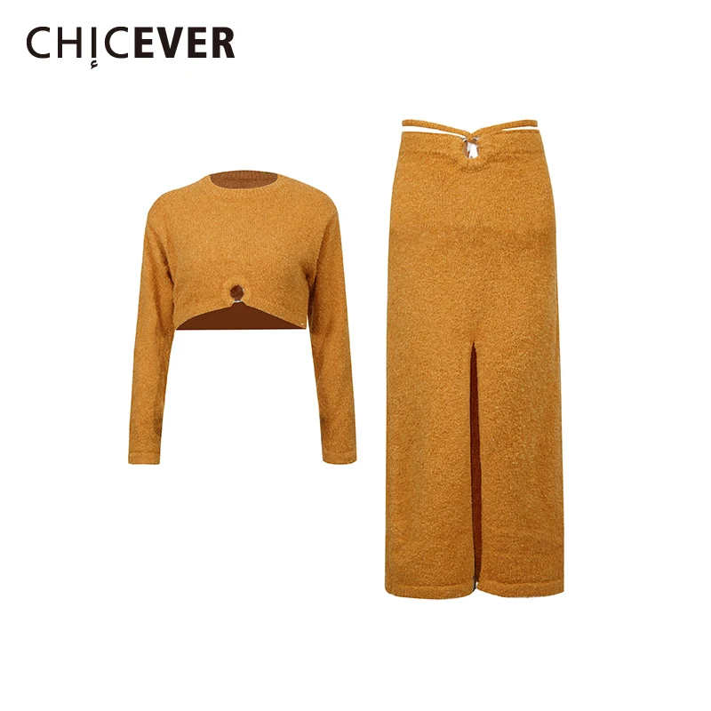 

CHICEVER однотонная шаль, комплект из двух предметов, женский свитер с круглым вырезом и длинными рукавами, повседневные женские комплекты с юбкой для ленивых, осенняя мода, новинка