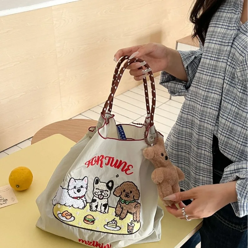 Bolso de lona con cadena de bolas Kawaii para niña, bolsa de nailon bordada con hombro Oxford de gran capacidad, serie Animal, regalo