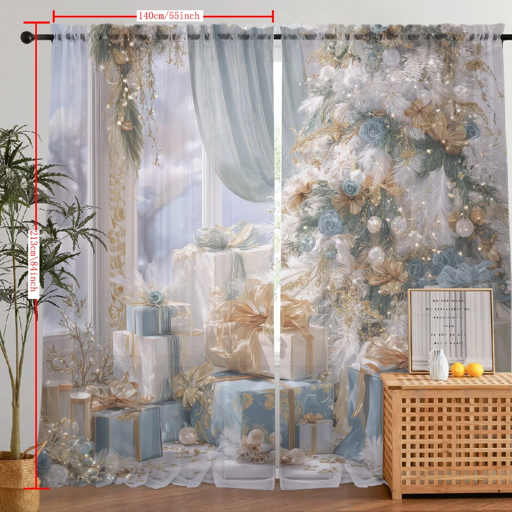 2Pcs Blue And White Gift Box And Rose Print Home Decoration Window Screens Suitable For Coffee Shops, Restaurants, Bedrooms