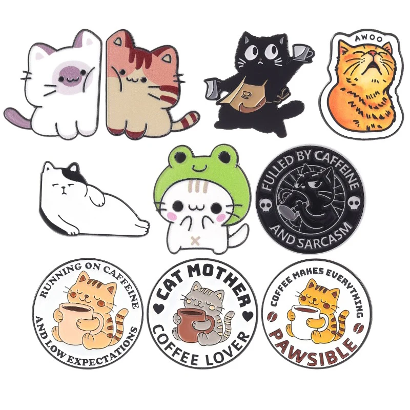 Pin de esmalte de gato amante del café, broche Awoo, insignia de anime japonés de gato de la suerte con secador de pelo, joyería linda pero sarcástica, regalo para amigos