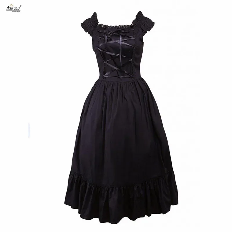 Gothic Womens Lolita Dress Cotton Dark Black Short Sleeves Middle-Long Court Lolita Formal Dress Cosplay XS-XXL Party Club